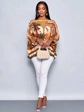 ASH REAL CLOSET SPECIAL: NWOTBoho Palm Print Batwing Top in Beige